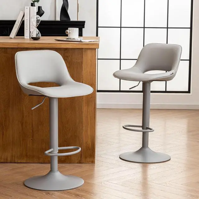 Alt view image 6 of 7 - YOUNIKE Bar Stools Set of 2 All Grey Swivel Barstools, Adjustable Counter Height Bar Stools Faux Leather Upholstered Counter Stools with Hollow Back for Kitchen Island