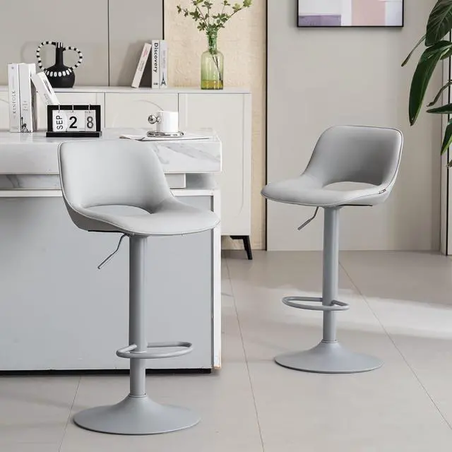 Alt view image 7 of 7 - YOUNIKE Bar Stools Set of 2 All Grey Swivel Barstools, Adjustable Counter Height Bar Stools Faux Leather Upholstered Counter Stools with Hollow Back for Kitchen Island