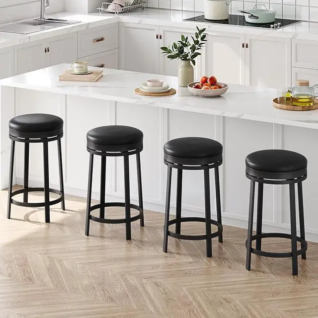 Main image of IDEALHOUSE 24'' Swivel Bar Stools Set of 4 with Footrest, Modern Counter Height Barstools with PU Leather Upholstered and Metal Frame, Backless Round Bar Stools for Kitchen Island, Black