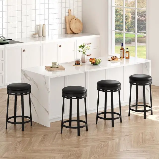 Alt view image 3 of 7 - IDEALHOUSE 24'' Swivel Bar Stools Set of 4 with Footrest, Modern Counter Height Barstools with PU Leather Upholstered and Metal Frame, Backless Round Bar Stools for Kitchen Island, Black
