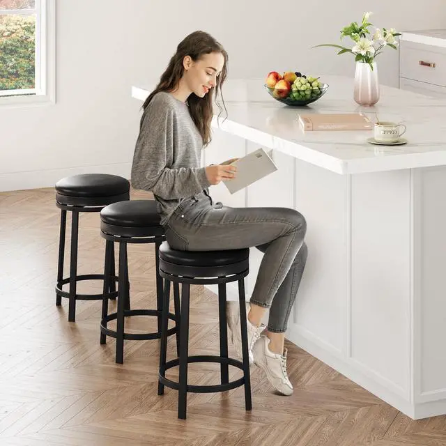 Alt view image 4 of 7 - IDEALHOUSE 24'' Swivel Bar Stools Set of 4 with Footrest, Modern Counter Height Barstools with PU Leather Upholstered and Metal Frame, Backless Round Bar Stools for Kitchen Island, Black