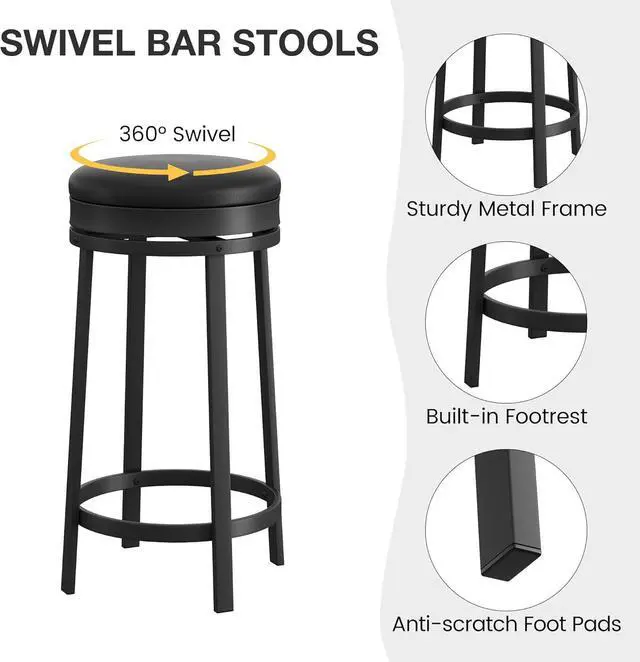 Alt view image 5 of 7 - IDEALHOUSE 24'' Swivel Bar Stools Set of 4 with Footrest, Modern Counter Height Barstools with PU Leather Upholstered and Metal Frame, Backless Round Bar Stools for Kitchen Island, Black