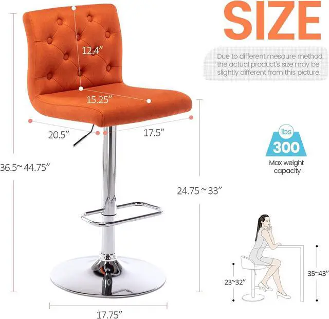 Alt view image 3 of 7 - Brage Living Tufted Fabric Bar Stool, Adjustable Swivel Counter Height Barstool with Back, Upholstered Armless Airlift Bar Chair for Kitchen Dining Cafe, 1 pc (Orange)