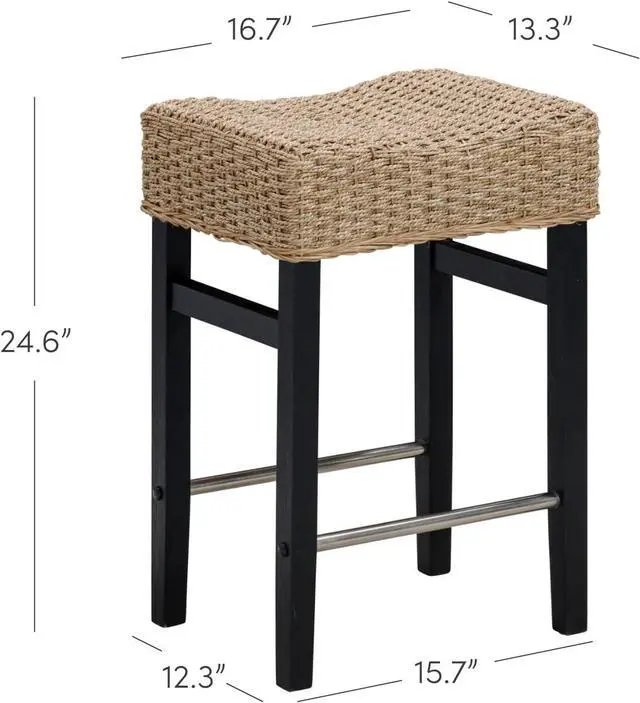 Alt view image 2 of 7 - Nathan James Harvey Rattan Bar Stool, Bohemian Counter Height Stool with Woven Seagrass Seat, Solid Wood Legs, and Metal Footrest Seagrass/Brushed Black