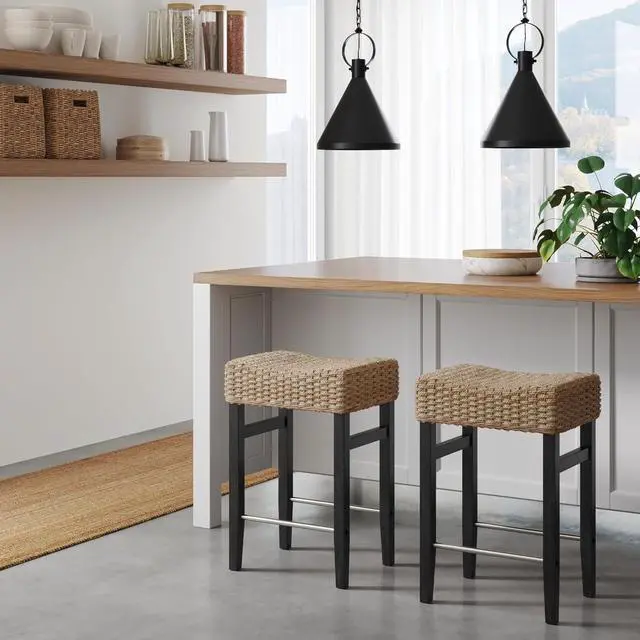 Alt view image 3 of 7 - Nathan James Harvey Rattan Bar Stool, Bohemian Counter Height Stool with Woven Seagrass Seat, Solid Wood Legs, and Metal Footrest Seagrass/Brushed Black