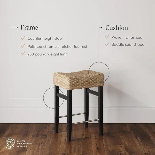 Alt view image 4 of 7 - Nathan James Harvey Rattan Bar Stool, Bohemian Counter Height Stool with Woven Seagrass Seat, Solid Wood Legs, and Metal Footrest Seagrass/Brushed Black