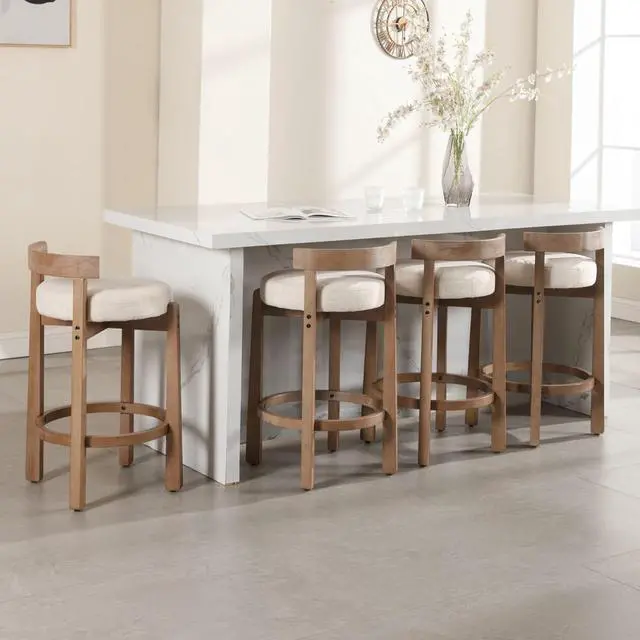 Main image of LukeAlon Mid Century Linen Counter Stools Set of 4, Upholstered 26.5 Seat Height Low Barstools with Natural Wood Legs Round Low Back Kitchen Stools with Footrest for Dining Room, Beige
