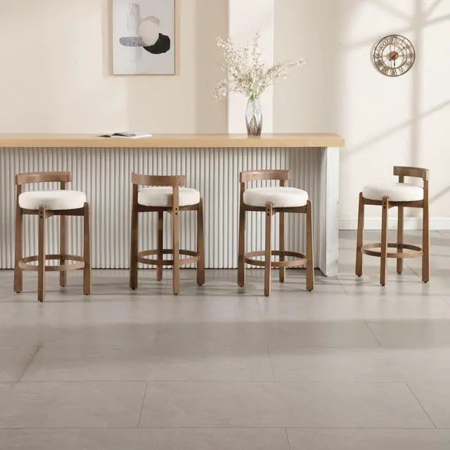 Alt view image 3 of 7 - LukeAlon Mid Century Linen Counter Stools Set of 4, Upholstered 26.5 Seat Height Low Barstools with Natural Wood Legs Round Low Back Kitchen Stools with Footrest for Dining Room, Beige