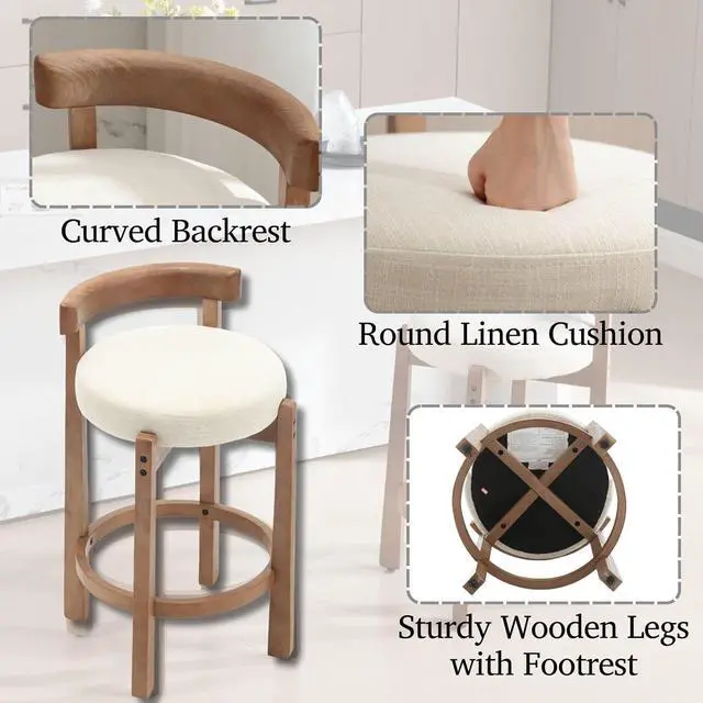 Alt view image 4 of 7 - LukeAlon Mid Century Linen Counter Stools Set of 4, Upholstered 26.5 Seat Height Low Barstools with Natural Wood Legs Round Low Back Kitchen Stools with Footrest for Dining Room, Beige