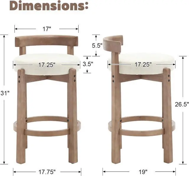 Alt view image 2 of 7 - LukeAlon Mid Century Linen Counter Stools Set of 4, Upholstered 26.5 Seat Height Low Barstools with Natural Wood Legs Round Low Back Kitchen Stools with Footrest for Dining Room, Beige