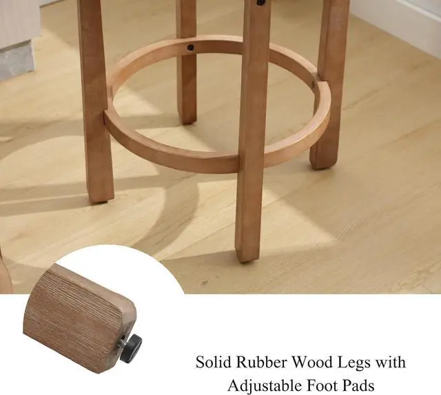 Alt view image 7 of 7 - LukeAlon Mid Century Linen Counter Stools Set of 4, Upholstered 26.5 Seat Height Low Barstools with Natural Wood Legs Round Low Back Kitchen Stools with Footrest for Dining Room, Beige