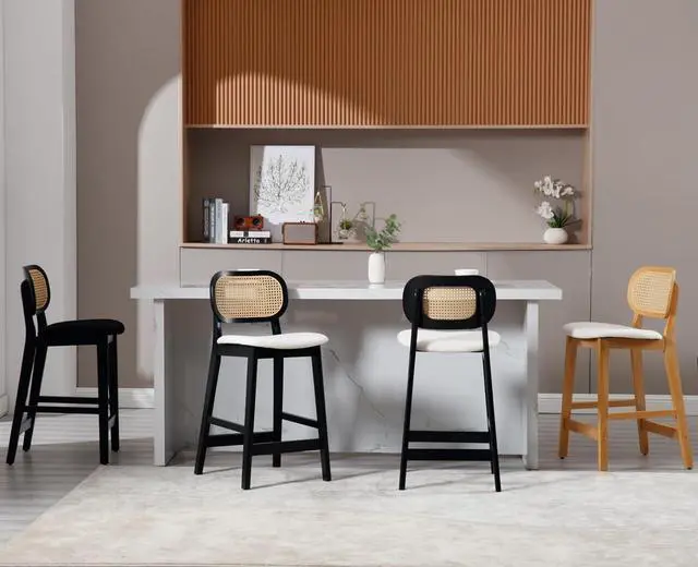 Alt view image 7 of 7 - Rattan Counter Height Bar Stools Set of 2 Upholstered Sherpa Barstools with Cane Back Boho Wood Farmhouse Kitchen Island Chairs Bar Chairs for Pub/Home Bar, Cream White