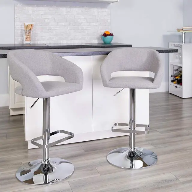 Alt view image 2 of 7 - Flash Furniture Erik Contemporary Adjustable Height Barstool with Footrest and Rounded Mid-Back, Upholstered Bar or Counter Height Stool, Gray/Chrome