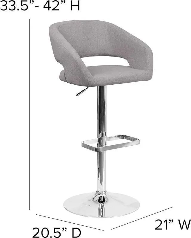 Alt view image 3 of 7 - Flash Furniture Erik Contemporary Adjustable Height Barstool with Footrest and Rounded Mid-Back, Upholstered Bar or Counter Height Stool, Gray/Chrome