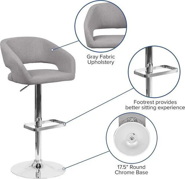Alt view image 4 of 7 - Flash Furniture Erik Contemporary Adjustable Height Barstool with Footrest and Rounded Mid-Back, Upholstered Bar or Counter Height Stool, Gray/Chrome