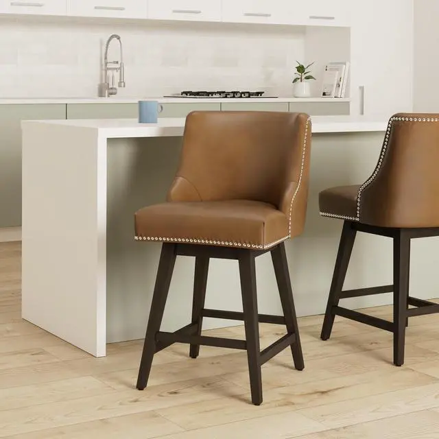 Alt view image 2 of 7 - CHITA Counter Height Swivel Bar Stools Set of 2, FSC Certified Upholstered Counter Stools, Modern Swivel Barstools with Wood Legs for Kitchen Island, 26" Seat Height, Faux Leather in Saddle Brown