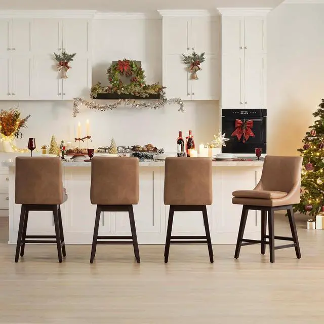 Alt view image 4 of 7 - CHITA Counter Height Swivel Barstool with Back Set of 2, FSC Certified Upholstered Faux Leather Swivel Bar Stool, 26.8" H Seat Height, PU Leather in Retro Brown