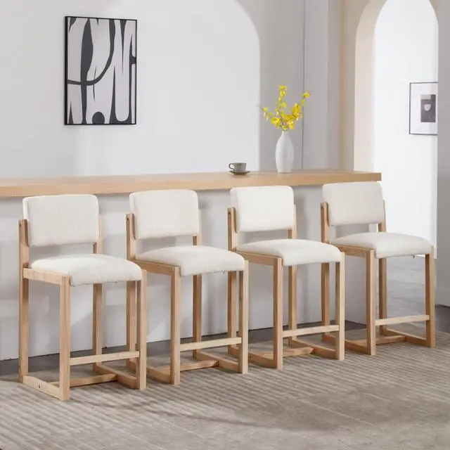 Alt view image 4 of 7 - DUOMAY Modern Bar Stools Set of 4, 26" Counter Height Barstools, Sherpa Upholstered Kitchen Island Chair with Wood Legs for Home Bar Coffee Shop, White