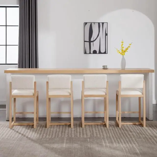 Alt view image 6 of 7 - DUOMAY Modern Bar Stools Set of 4, 26" Counter Height Barstools, Sherpa Upholstered Kitchen Island Chair with Wood Legs for Home Bar Coffee Shop, White