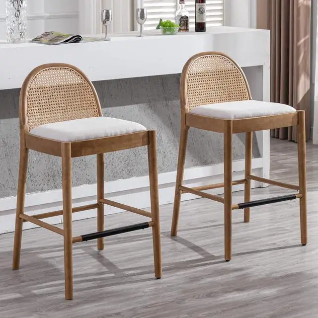 Main image of LukeAlon Modern Linen Bar Stools Set of 2, 29" Seat Height Tall Bar Chairs with Wooden Legs Natural Rattan Cane Back Bar Height Counter Stools with Footrest for Kitchen Home Pub, Beige