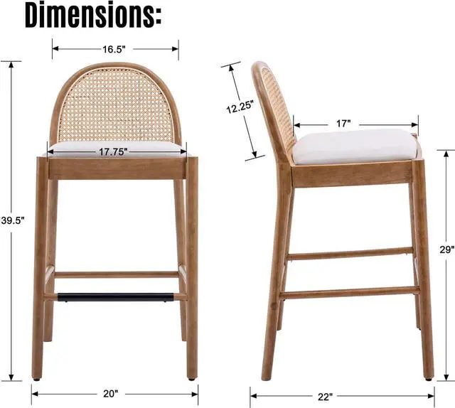 Alt view image 2 of 7 - LukeAlon Modern Linen Bar Stools Set of 2, 29" Seat Height Tall Bar Chairs with Wooden Legs Natural Rattan Cane Back Bar Height Counter Stools with Footrest for Kitchen Home Pub, Beige
