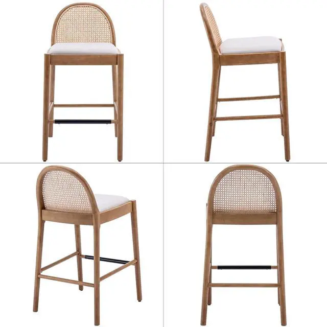 Alt view image 3 of 7 - LukeAlon Modern Linen Bar Stools Set of 2, 29" Seat Height Tall Bar Chairs with Wooden Legs Natural Rattan Cane Back Bar Height Counter Stools with Footrest for Kitchen Home Pub, Beige