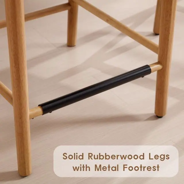 Alt view image 5 of 7 - LukeAlon Modern Linen Bar Stools Set of 2, 29" Seat Height Tall Bar Chairs with Wooden Legs Natural Rattan Cane Back Bar Height Counter Stools with Footrest for Kitchen Home Pub, Beige