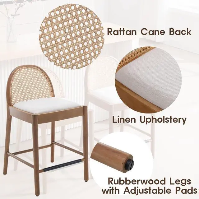 Alt view image 6 of 7 - LukeAlon Modern Linen Bar Stools Set of 2, 29" Seat Height Tall Bar Chairs with Wooden Legs Natural Rattan Cane Back Bar Height Counter Stools with Footrest for Kitchen Home Pub, Beige