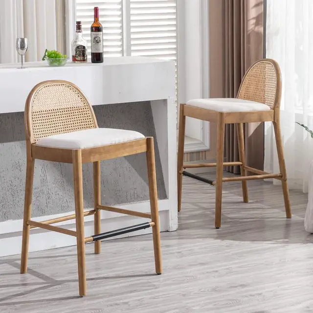 Alt view image 7 of 7 - LukeAlon Modern Linen Bar Stools Set of 2, 29" Seat Height Tall Bar Chairs with Wooden Legs Natural Rattan Cane Back Bar Height Counter Stools with Footrest for Kitchen Home Pub, Beige