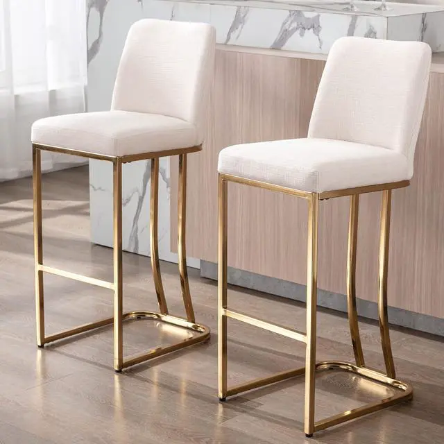 Main image of VESCASA Linen Bar Height Barstools with Back, Mid Century Modern Upholstered 30 Inches H Bar Stool Chairs with Gold Metal Frame for Kitchen Island, Bar, Pub, Set of 2, Cream