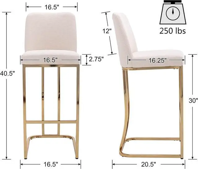 Alt view image 2 of 7 - VESCASA Linen Bar Height Barstools with Back, Mid Century Modern Upholstered 30 Inches H Bar Stool Chairs with Gold Metal Frame for Kitchen Island, Bar, Pub, Set of 2, Cream