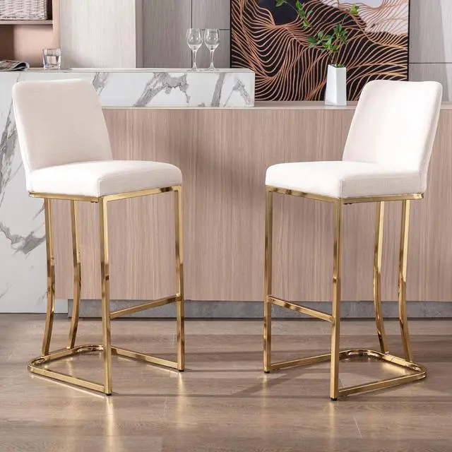 Alt view image 6 of 7 - VESCASA Linen Bar Height Barstools with Back, Mid Century Modern Upholstered 30 Inches H Bar Stool Chairs with Gold Metal Frame for Kitchen Island, Bar, Pub, Set of 2, Cream