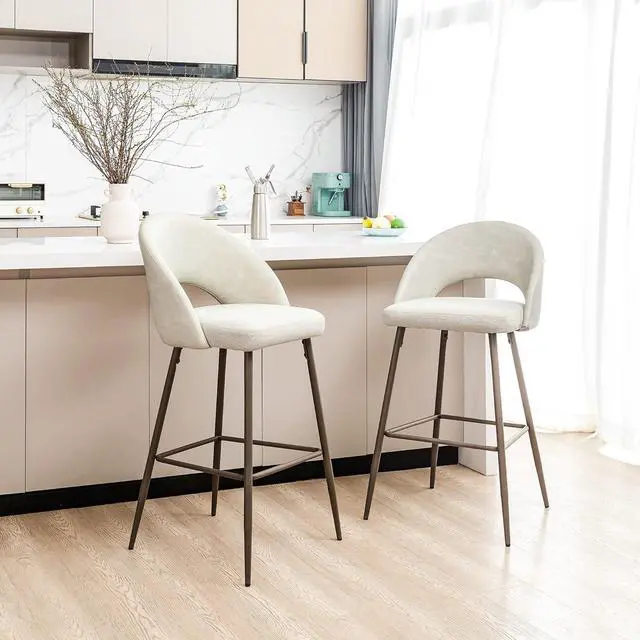Main image of Glitzhome Barstools Set of 2, 29 Inch Seat Height Modern Mid Century Bar Stools with Back Footrest, Upholstered Two-Tone Color Leatherette Fabric Bar Height Bar Chairs for Kitchen Pub, Pale Gray