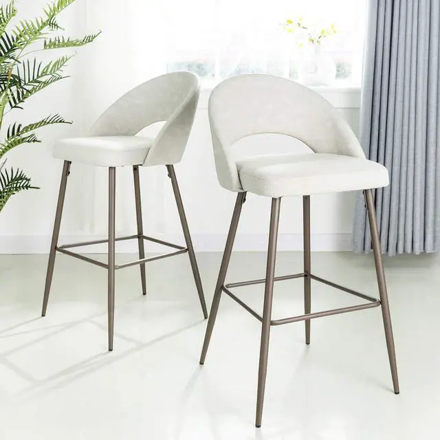Alt view image 3 of 7 - Glitzhome Barstools Set of 2, 29 Inch Seat Height Modern Mid Century Bar Stools with Back Footrest, Upholstered Two-Tone Color Leatherette Fabric Bar Height Bar Chairs for Kitchen Pub, Pale Gray