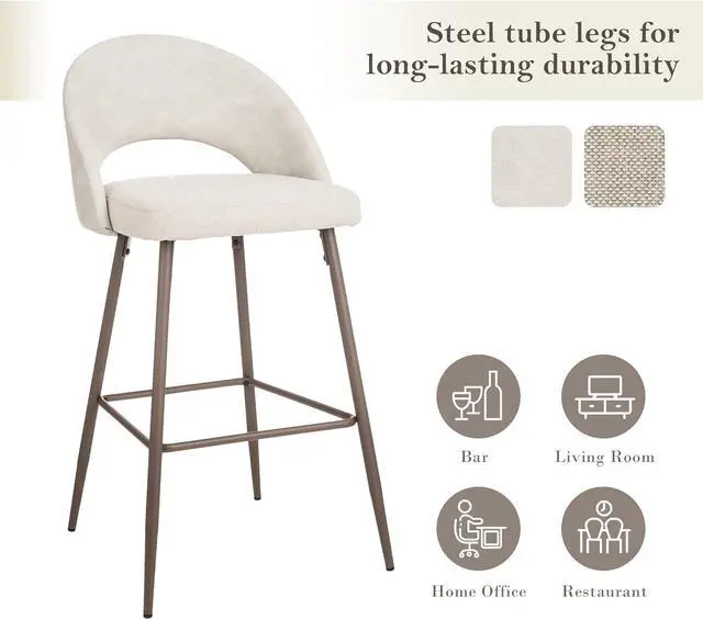 Alt view image 4 of 7 - Glitzhome Barstools Set of 2, 29 Inch Seat Height Modern Mid Century Bar Stools with Back Footrest, Upholstered Two-Tone Color Leatherette Fabric Bar Height Bar Chairs for Kitchen Pub, Pale Gray