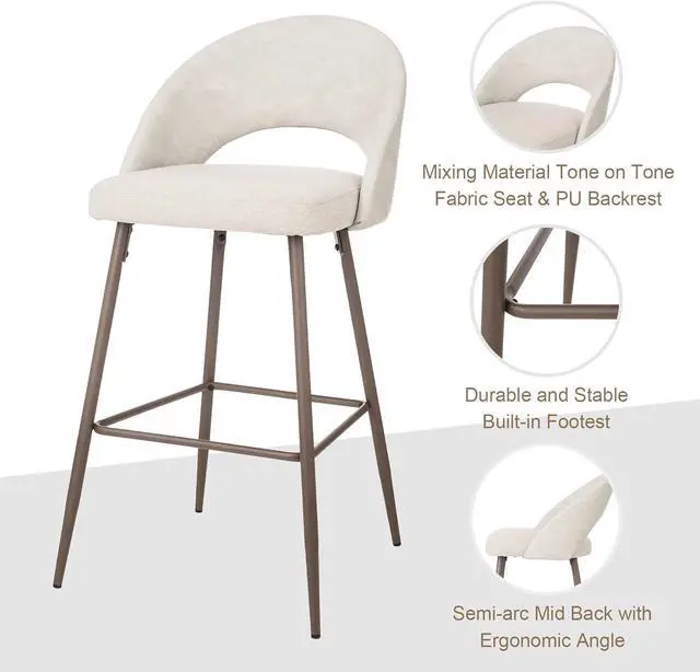 Alt view image 6 of 7 - Glitzhome Barstools Set of 2, 29 Inch Seat Height Modern Mid Century Bar Stools with Back Footrest, Upholstered Two-Tone Color Leatherette Fabric Bar Height Bar Chairs for Kitchen Pub, Pale Gray