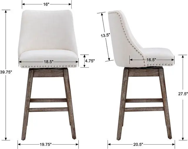 Alt view image 2 of 7 - Counter Height Bar Stools Set of 2, Linen Fabric Mid Century Modern Swivel Barstool with Back & Wood Legs Comfy Upholstered Counter Chairs for Home Bar/Dining Room/Restaurant, Cream