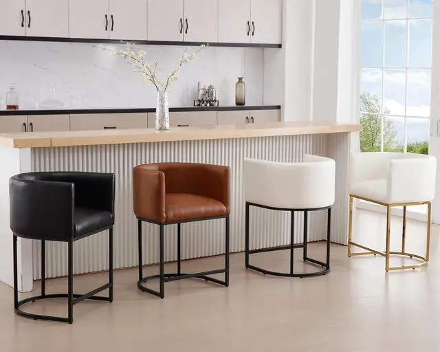 Alt view image 7 of 7 - HNY Black Modern Barrel Counter Height Clearance Bar Stools Set of 3, 24 Inch PU Leather Kitchen Barstools with Back for Island, with Black Metal Tubular Frame