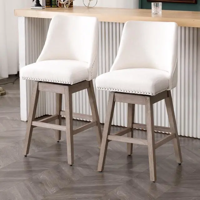 Main image of Counter Height Bar Stools Set of 2, Linen Fabric Mid Century Modern Swivel Barstool with Back & Wood Legs Comfy Upholstered Counter Chairs for Home Bar/Dining Room/Restaurant, Cream
