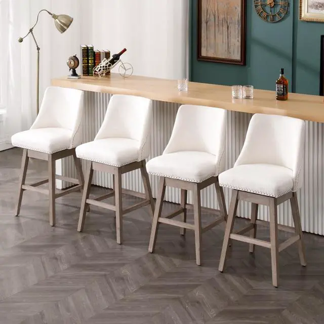 Alt view image 3 of 7 - Counter Height Bar Stools Set of 2, Linen Fabric Mid Century Modern Swivel Barstool with Back & Wood Legs Comfy Upholstered Counter Chairs for Home Bar/Dining Room/Restaurant, Cream