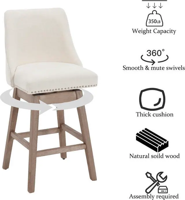 Alt view image 4 of 7 - Counter Height Bar Stools Set of 2, Linen Fabric Mid Century Modern Swivel Barstool with Back & Wood Legs Comfy Upholstered Counter Chairs for Home Bar/Dining Room/Restaurant, Cream