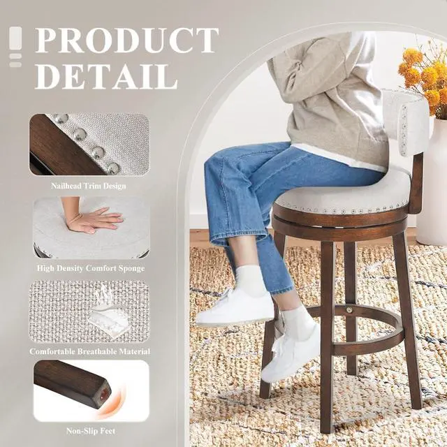 Alt view image 4 of 7 - COLAMY Swivel Bar Stools Set of 4, Swivel Counter Height Barstools, 30 Inch Upholstered Barstools for Kitchen Island Dining Room Bar, Beige