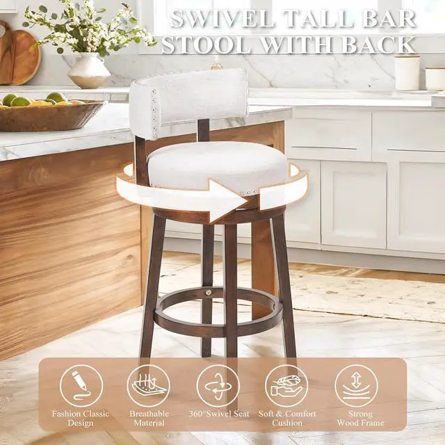Alt view image 6 of 7 - COLAMY Swivel Bar Stools Set of 4, Swivel Counter Height Barstools, 30 Inch Upholstered Barstools for Kitchen Island Dining Room Bar, Beige