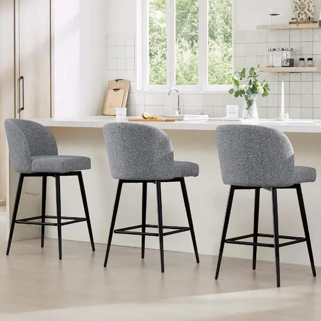 Main image of Watson & Whitely Counter Height Bar Stools Set of 3, 360° Swivel Upholstered Barstools with Backs and Metal Legs, 26" H Seat Height, Fabric in Grey (Multi-Colored)