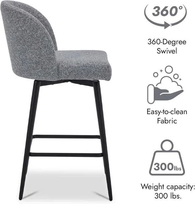 Alt view image 4 of 7 - Watson & Whitely Counter Height Bar Stools Set of 3, 360° Swivel Upholstered Barstools with Backs and Metal Legs, 26" H Seat Height, Fabric in Grey (Multi-Colored)
