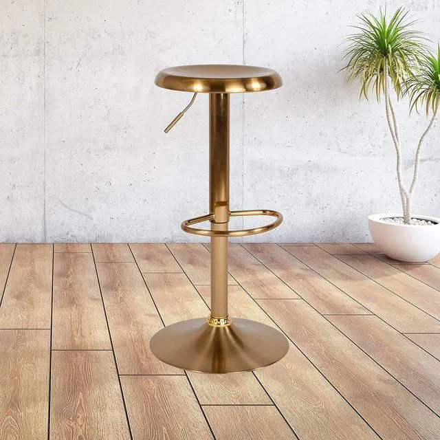 Alt view image 2 of 7 - Flash Furniture Madrid Series Adjustable Height Retro Metal Barstool with Footrest, Backless Adjustable Bar or Counter Height Swivel Stool, Gold