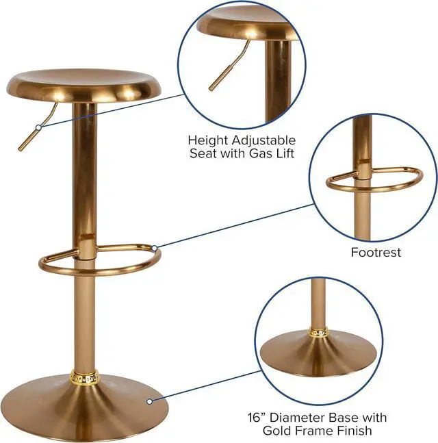 Alt view image 5 of 7 - Flash Furniture Madrid Series Adjustable Height Retro Metal Barstool with Footrest, Backless Adjustable Bar or Counter Height Swivel Stool, Gold