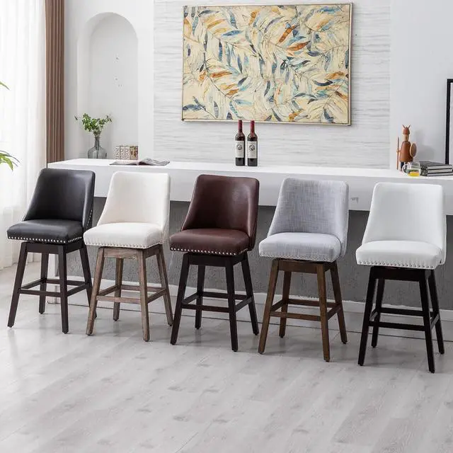 Alt view image 7 of 7 - Counter Height Bar Stools Set of 2, Linen Fabric Mid Century Modern Swivel Barstool with Back & Wood Legs Comfy Upholstered Counter Chairs for Home Bar/Dining Room/Restaurant, Cream