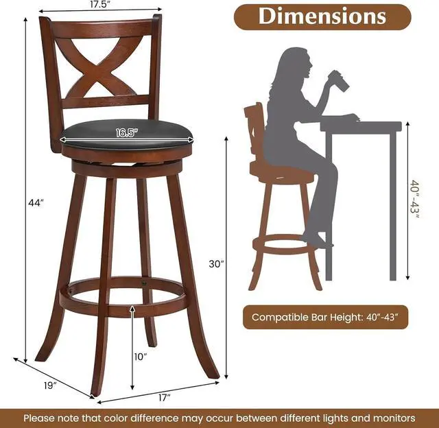 Alt view image 7 of 7 - COSTWAY Bar Stools Set of 4, 30 Inch Classic Bar Height Chairs with X-Shaped Open Back, 4 PCS Swivel Barstool Set for Kitchen Island, Pub, Bistro, Café, Espresso (4, 30 Inch)