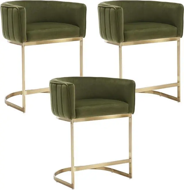 Main image of 24" Modern Velvet Counter Height Bar Stools Set of 3 for Kitchen Island Comfy Upholstered Barrel Back Stool Chair with Golden Metal Legs for Breakfast Bar/Dining Room/Cafe, Dark Green